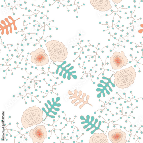 Plakat na zamówienie Vector floral seamless pattern in small-scale flowers. Background for textile or book covers, manufacturing, wallpapers, print, gift wrap. Roses and leaves on a white background