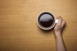 © dohee - woman hand hold a cup of coffee on the wood background(desk, table)