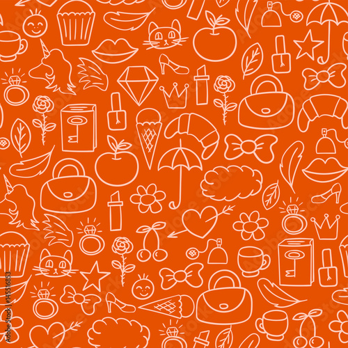 Cartoon doodles hand drawn style seamless pattern summer design wallpaper vec...