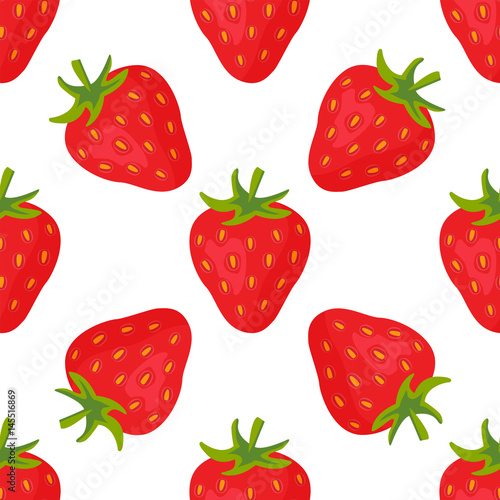 Cartoon fresh strawberry fruits in flat style seamless pattern food summer de...