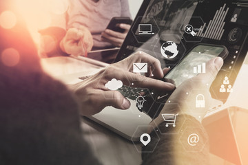 Poster - co working team meeting concept,businessman using smart phone and laptop and digital tablet computer in modern office with virtual interface icons network diagram