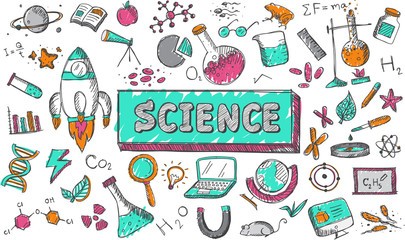 Wall Mural - Science chemistry physics biology and astronomy education subject doodle icon. Doodle for presentation title or school education promotion in fundamental science concept, create by vector