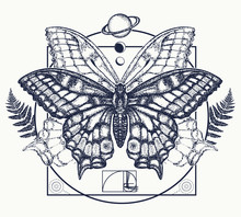 Butterfly Tattoo Art. Symbol Of Magic, Renaissance, Esoterics, Travel, Soul. Butterfly In Mystical Circle T-shirt Design