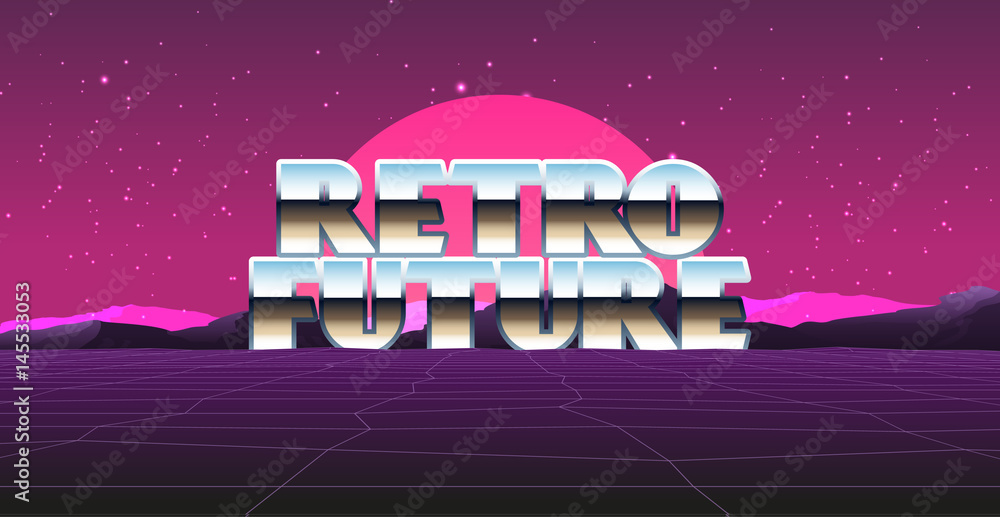 80s Retro Sci-Fi Background with Sunrise or Sunset. Vector futuristic ...