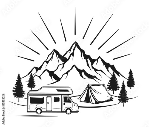 Campsite with camper caravan tent rocky mountains pine