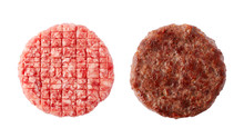 Raw And Fried Burger Beef Patty Isolated On White Background