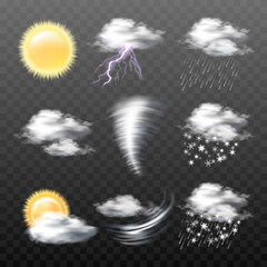 set of vector realistic weather icons - sun, clouds, thunderstorm with lightning, tornado, wind, rai