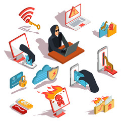 Set of vector isometric illustrations, hacker icons, computer security breach, information confidentiality, bank account hacking