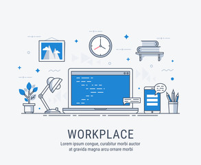 Workplace with computer. Flat modern vector illustration for web.