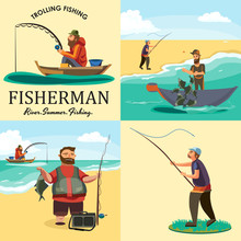 Set Of Cartoon Fisherman Catches Fish Sitting Boat Fisher Threw Fishing Rod Into Water, Happy Fishman Holds Catch And Spin, Man Pulls Net Out Of The Water, Fishing On Ice Icon Vector Illustration