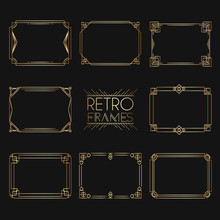 Gold Retro Frames. Style Of 1920s. Collection Of Golden Premium Promo Seals/stickers.
