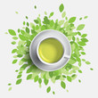Green tea cup vector illustration. Green leaves with mug of tea. Health concept.