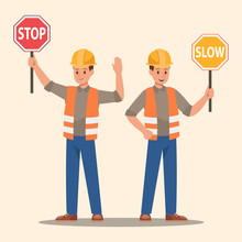 Man Holding Stop Sign And Slow Sign. Vector Design.