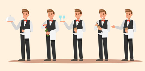 Set of Waiter character design. Vector design.