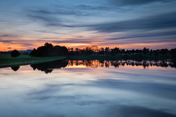 Sticker - Twilight at Whittle Dene Reservoir / Whittle Dene Reservoir in Northumberland is a popular place for fishing, seen here in twilight, reflecting the sky