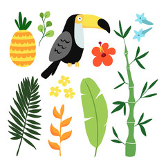 Wall Mural - Summer tropical graphic elements. Toucan bird. Jungle floral illustrations, palm leaves, pineapple and hibiscus flowers. Isolated illustrations, flat design. Stock vector.