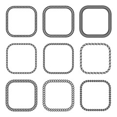 Wall Mural - Vector rope set of square frames. Collection of thick and thin borders isolated on white background, consisting of braided cord and string. For decoration and design in nautical style.