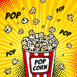 Pop art fast food in the cinema. Colorful background with popcorn popping out of the box. Vector illustration in comic retro pop art style.