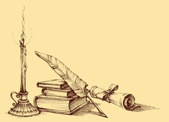 Stack of books, paper, scroll, quill pen and candle. Diploma, certificate, school, study, writing, literature, library design in vintage style