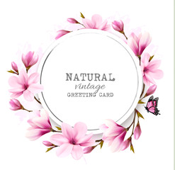 Poster - Natural vintage greeting card with pink magnolia. Vector.
