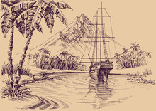 Tropical Gulf And Boat. Pirate's Bay Illustration