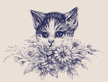 Cute Cat Portrait With A Bunch Of Flowers