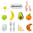 Set of cartoon food: breakfast. Funny comic eggs and bacon,sandwich,croissant,fruits,milk, apple, banana, avocado, orange, fork, spoon.Vector illustration isolated on white.