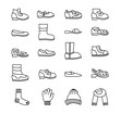 Children's shoes & accessories. Vector line icon set. Various styles of kid's footwear. Boots, sneakes, sandals, flats, running shoes for boys and girls.