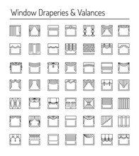 Window Draperies And Valances. Interior Design Elements. Line Icon Set.