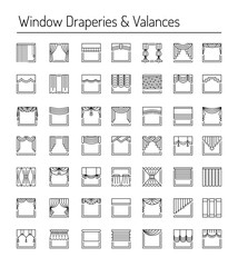 Wall Mural - Window draperies and valances. Interior design elements. Line icon set.
