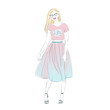 Beautiful young women in a fashion pink retro clothes in glasses. Vector hand drawn illustration.