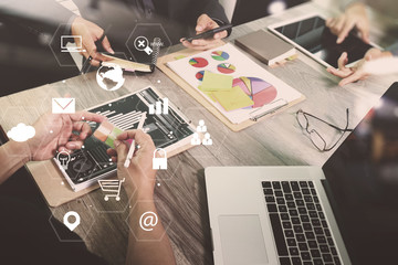 Poster - co working team meeting concept,businessman using smart phone and laptop and digital tablet computer in modern office with virtual interface icons network diagram