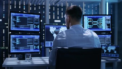 Leinwandbilder - Back View of Technical Controller/ Operator Working at His Workstation with Multiple Displays. Possible Power Plant/ Airport Dispatcher/ Dam Worker/ Government Surveillance/ Space Program.