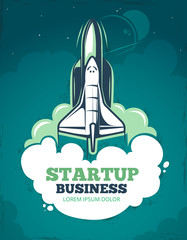 Wall Mural - startup vector grunge vintage 60s poster with rocket, spaceship launch