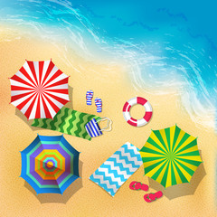 Sticker - Top view vector illustration of beach, sand and umbrella. Summer background