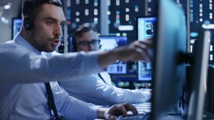 Aufkleber - In the System Control Center Technical Support Team Gives Instructions with the Help of the Headsets. Shot on RED EPIC-W 8K Helium Cinema Camera.