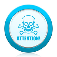 Fototapete - Attention skull blue vector icon on white background.