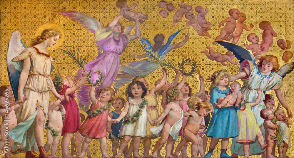 TURIN, ITALY - MARCH 15, 2017: The symbolic fresco of holy innocents children with the angels in church Chiesa di San Dalmazzo by Enrico Reffo (1831-1917). - obrazy, fototapety, plakaty 