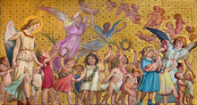TURIN, ITALY - MARCH 15, 2017: The Symbolic Fresco Of Holy Innocents Children With The Angels In Church Chiesa Di San Dalmazzo By Enrico Reffo (1831-1917).