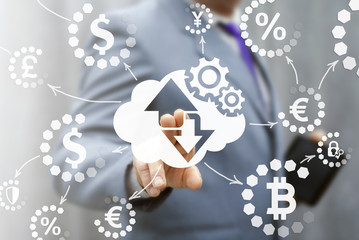 Wall Mural - Financial cloud web storage. Internet trade market money technology. Finance database process. Man touched cloud cogwheel arrows up down icon on virtual screen. Currencies network trading floor.