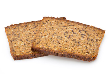 Slices of rye bread isolated on white background.