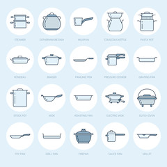 Wall Mural - Pot, pan and steamer flat line icons. Restaurant professional equipment signs. Kitchen utensil - wok, saucepan, eathernware dish. Thin linear blue colored signs for commercial cooking store.