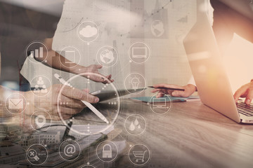 Poster - co working team meeting concept,businessman using smart phone and laptop and digital tablet computer in modern office with virtual interface icons network diagram