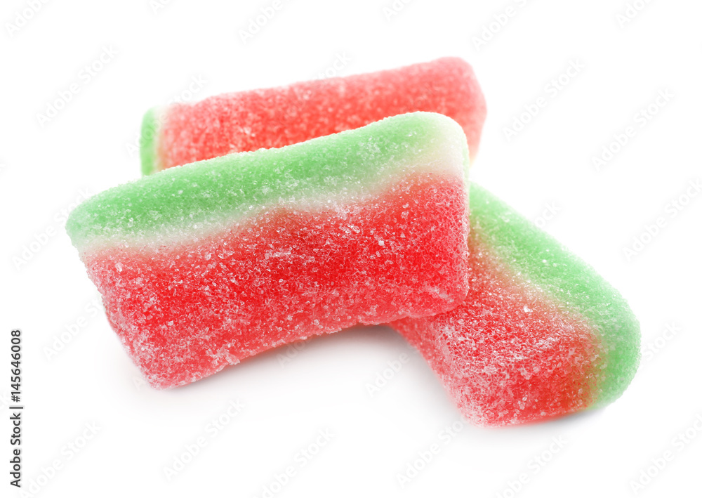 Tasty jelly candies on white background