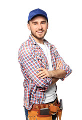 Poster - Handsome young carpenter on white background