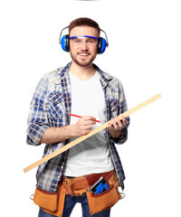 Wall Mural - Handsome young carpenter on white background