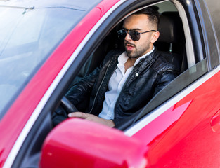 Wall Mural - Young confident man with a sport car