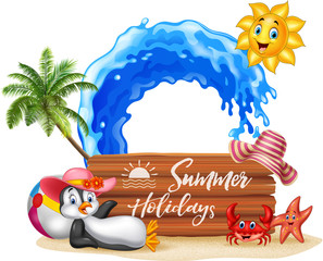 Wall Mural - Summer holiday with wooden sign and happy penguin