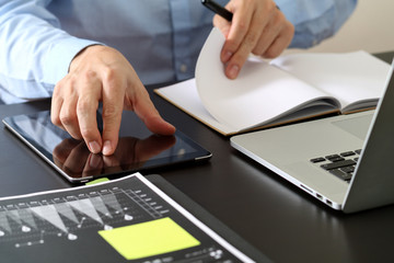 Poster - close up of businessman working with smart phone and digital tablet and laptop computer  on wooden desk in modern office