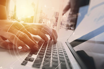 Poster - brainstrom teamwork meeting concept,businessman using mobile phone and digital tablet and laptop computer in modern office with virtual icon diagram